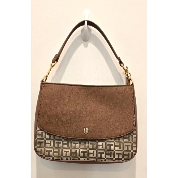 Tommy Hilfiger Monogram Tan & Brown Shoulder Bag With Gold Accents - Picture 1 of 9